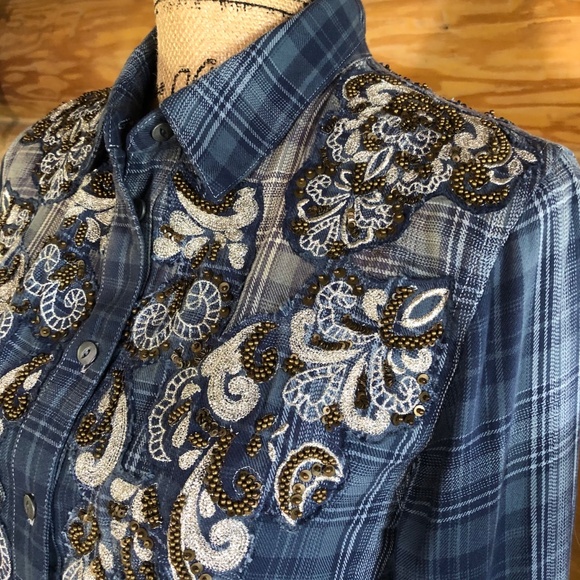 Free People Stevie's Embellished Plaid Shirt Tunic in blue size M - Picture 8 of 11